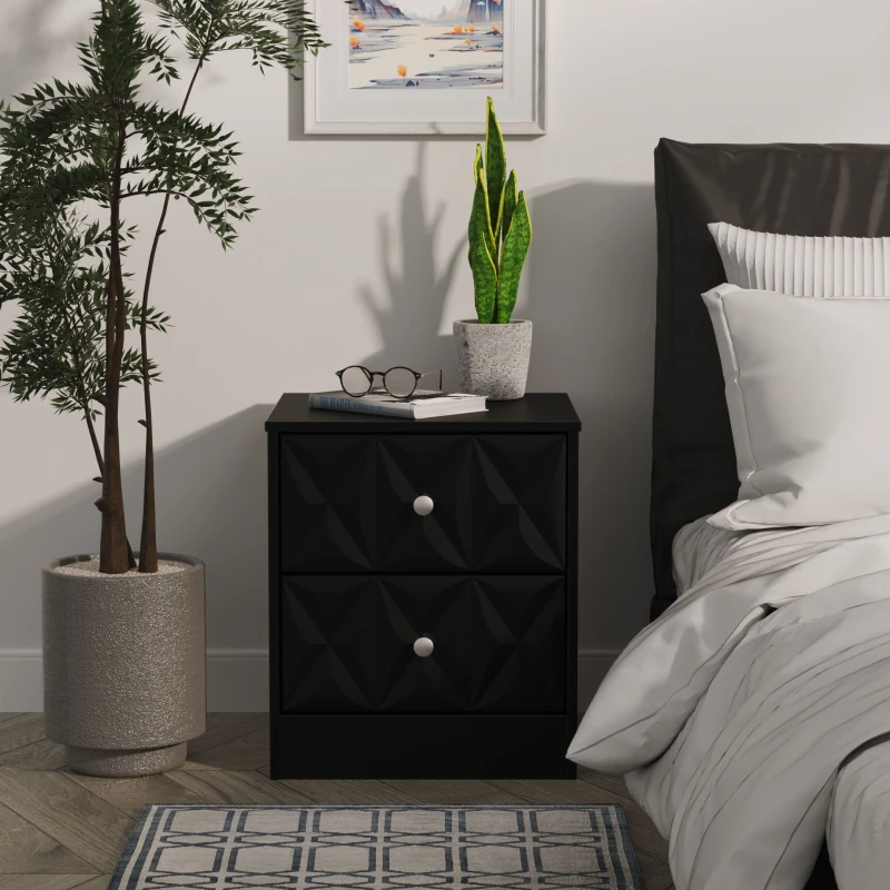 Image of Genoa Ready Assembled Matt Black 2 Drawer Bedside Chest (H)521mm (W)450mm (D)395mm
