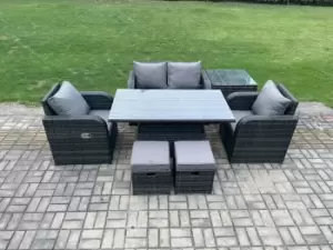 Image of Fimous 4 Seater Outdoor Dark Grey Rattan Lounge Sofa Complete Set with Dining Table, Side Table and 2 Stools