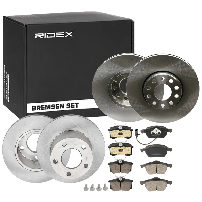 Image of RIDEX 3405B0319 Brake disc and pads set Front Axle, Brake Disc Type: Vented, incl. wear warning contact Brake Set,disc brakes (3405)