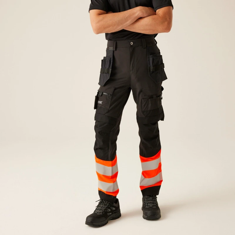 Image of Regatta Mens Hi-Vis X-Pro Stretch Holster Trousers - Clas Black/Orange male 46 R