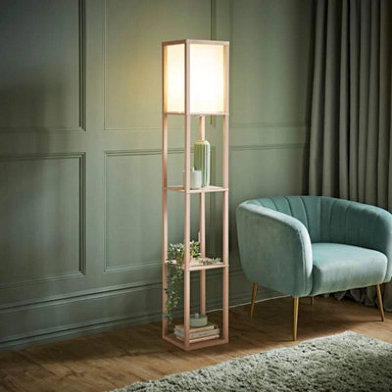 Image of ValueLights ValueLights Struttura Pastel Wooden Shelving Floor Lamp with Fabric Shade in Yellow Yellow One Size Unisex 5016529271444