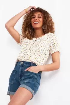 Image of Floral Print Short Sleeve Broderie Detail Pintuck Blouse