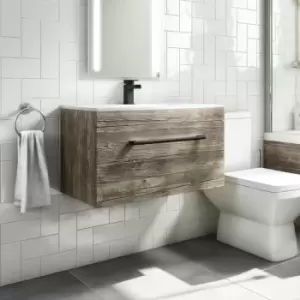 Image of 800mm Wood Effect Wall Hung Vanity Unit with Basin and Black Handles - Ashford