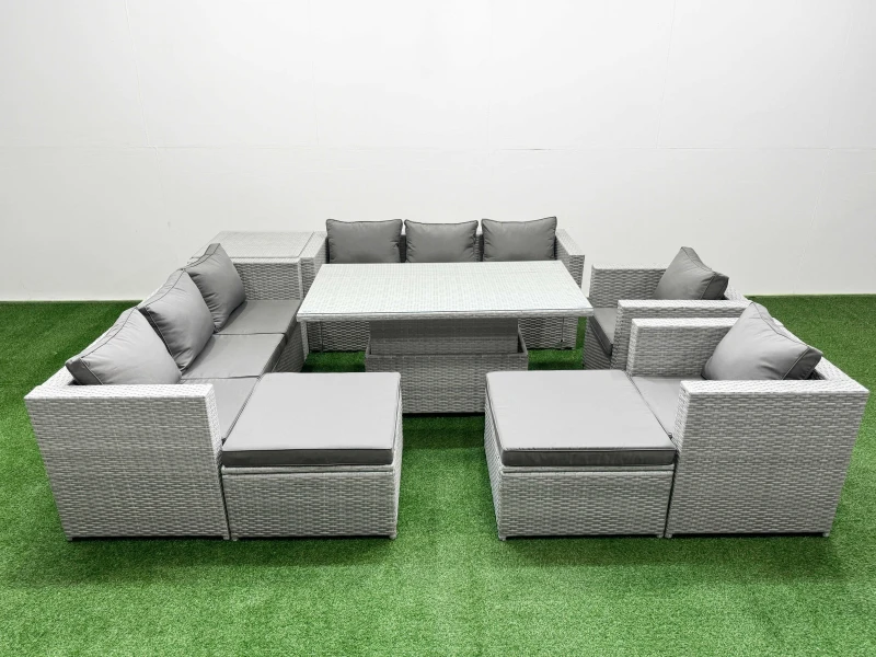 Image of Fimous 8 Pcs Rising Dining Table Set Rattan Furniture Set With 3 Seater Sofa Chair 2 Big Footstools Side Table Light Grey
