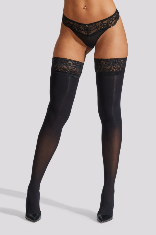 Image of Ann Summers Womens Lace Welt Opaque Hold Ups in Black Size: XS Black Female XS