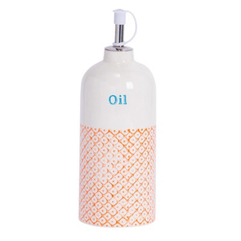 Image of Nicola Spring Hand-Printed Olive Oil Pourer Bottle - 500Ml - Orange