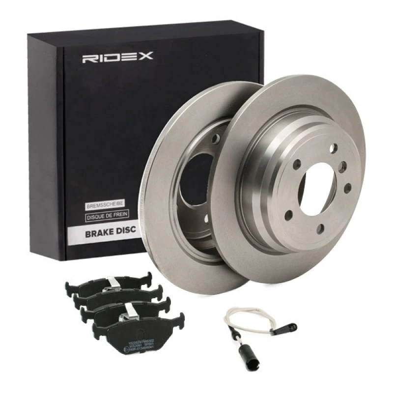 Image of RIDEX 3405B0443 Brake disc and pads set Rear Axle, Brake Disc Type: Solid, incl. wear warning contact Brake Set,disc brakes (3405)