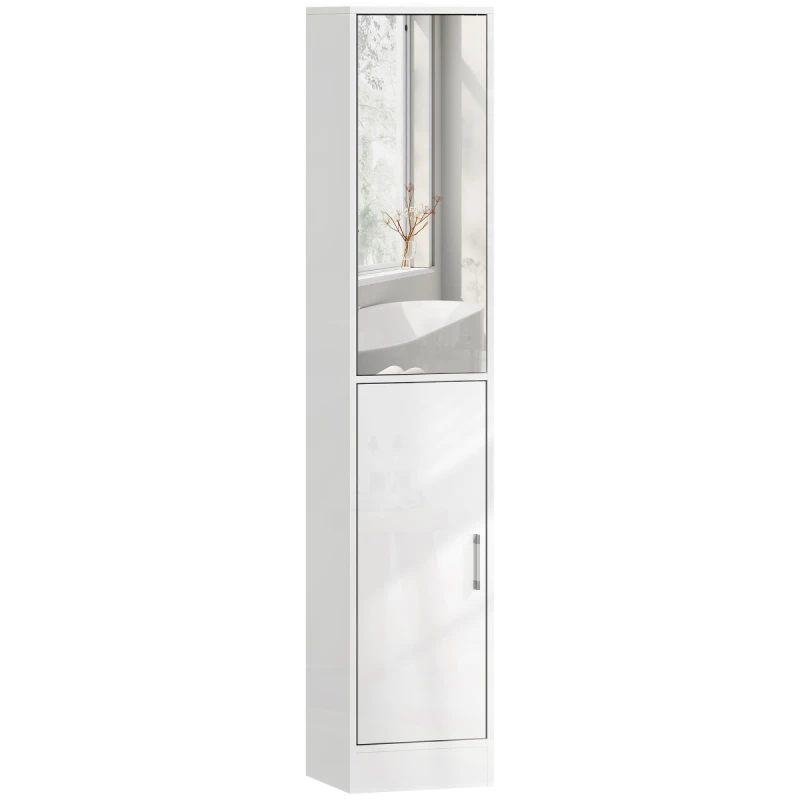Image of kleankin Tall Bathroom Cabinet with Mirror, High Gloss White 834-371V00WT