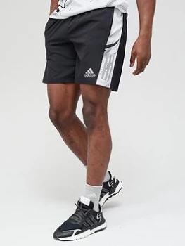 image of adidas Own The Run Camo Shorts - Black/White, Size L, Men