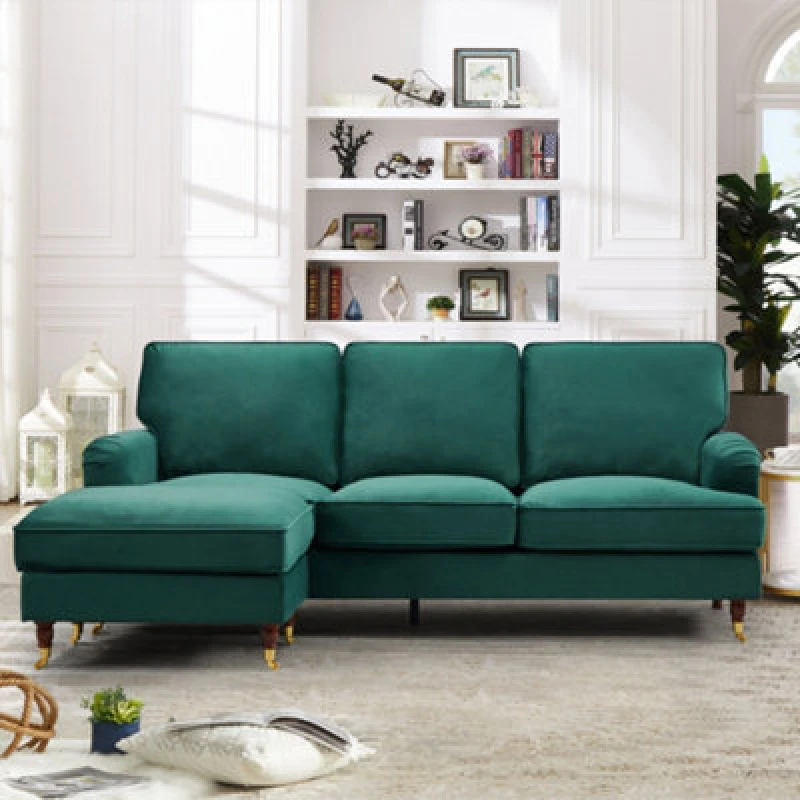 Image of Woodbury 218Cm Reversible Green Velvet Fabric Corner Sofa Walnut Colour Legs With Brass Coloured Wheel