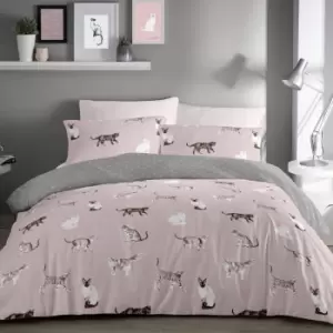 image of Fusion Cats Blush Reversible Duvet Cover and Pillowcase Set Pink