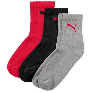 image of Puma Short Crew Sports Socks (Pack of 3) - Black/Red/Grey, 6-8 UK (39-42)