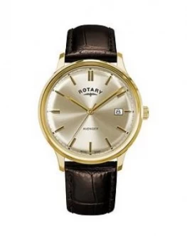 Image of Rotary Rotary Avenger Gold Sunray Date Dial Brown Leather Strap Mens Watch