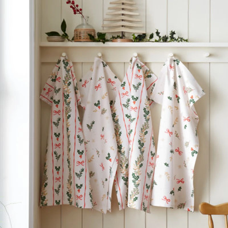 Image of Catherine Lansfield Christmas Holly Stripe Cotton 50X70Cm Kitchen Tea Towel Pack Of 4 Cream / Red
