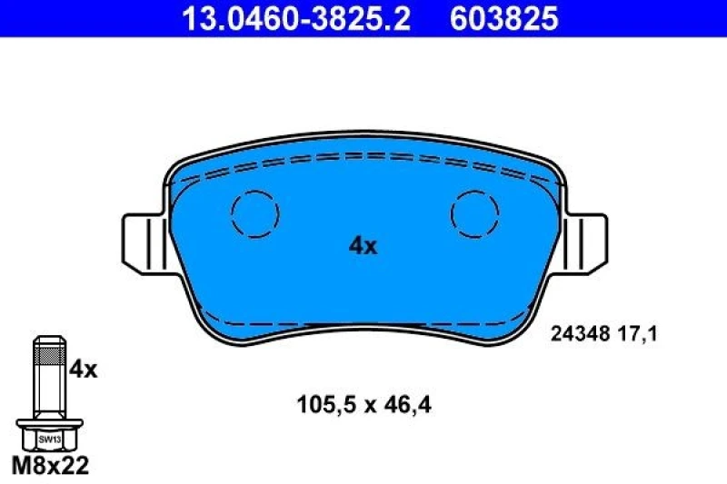 Image of ATE 13.0460-3825.2 Brake pad set excl. wear warning contact, with brake caliper screws Brake Pad Set,disc brake (402)