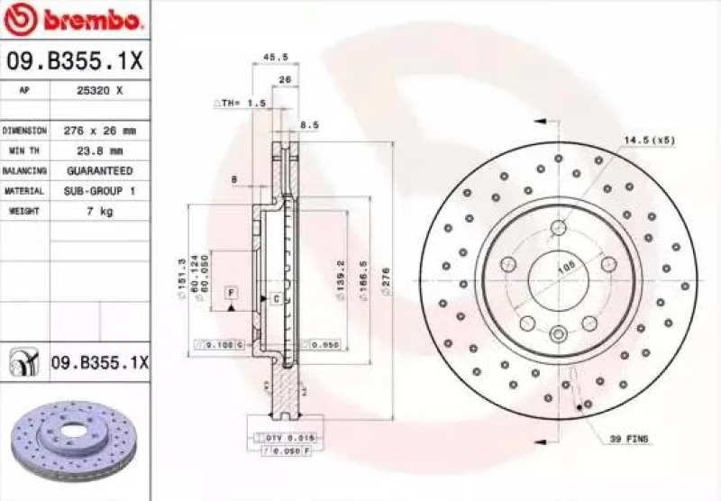 Image of BREMBO 09.B355.1X Brake disc perforated/vented, Coated, with bolts/screws Brake Disc (82)