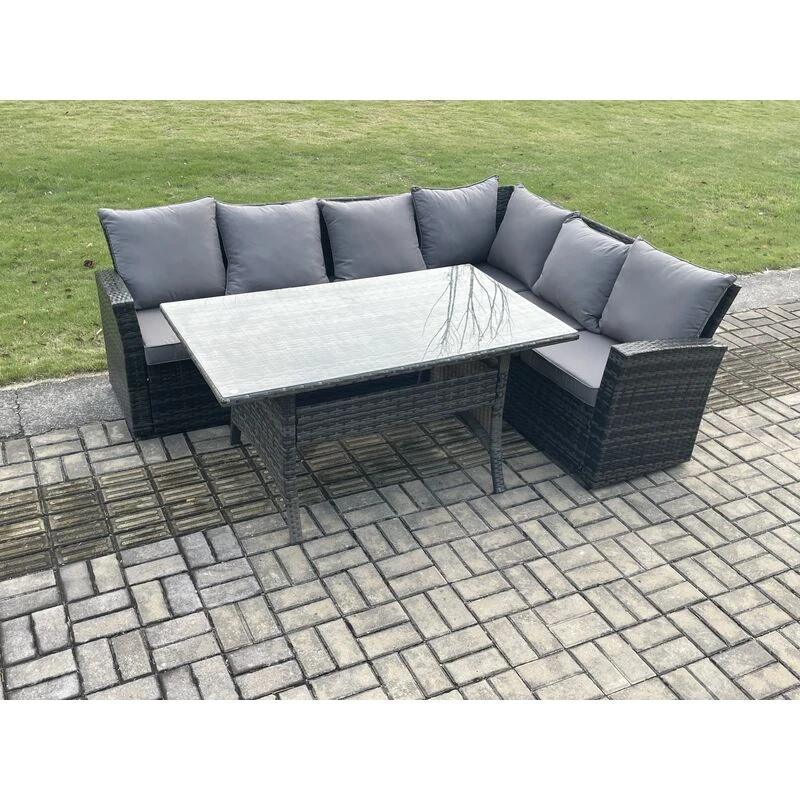 Image of Fimous 6 Seater Garden Rattan Furniture Corner Sofa Dining Table Set with Temper Glass & Cushions Indoor Outdoor Lounge Sofa Set in Dark Grey Dark Gre