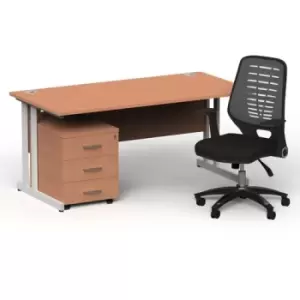Image of Impulse 1600/800 White Cant Desk Beech + 3 Dr Mobile Ped & Relay Silver Back