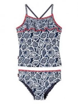 Image of Fat Face Girls Shell Print Tankini - Navy, Size Age: 11-12 Years, Women