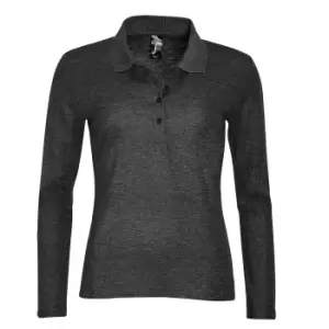 image of SOLS Womens/Ladies Podium Long Sleeve Pique Cotton Polo Shirt (M) (Charcoal Marl)