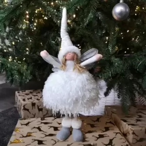 image of 45cm Premier Christmas Standing Angel Decoration with Feather Skirt in White & Silver