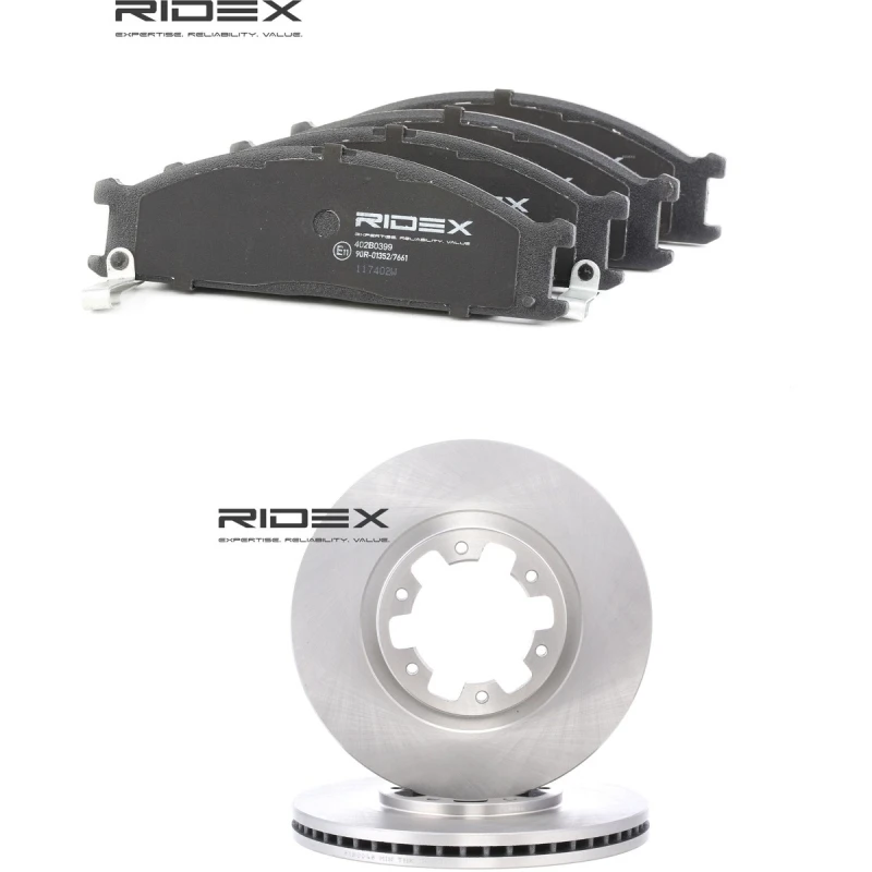 Image of RIDEX 3405B2869 Brake disc and pads set Front Axle, Brake Disc Type: internally vented, with acoustic wear warning Brake Set,disc brakes (3405)