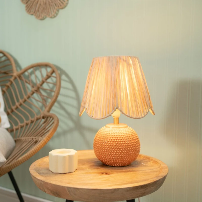 Image of ValueLights Sebby Pair of Ceramic Globe Textured Table Lamps with Raffia Lamp Shades & Bulbs Orange