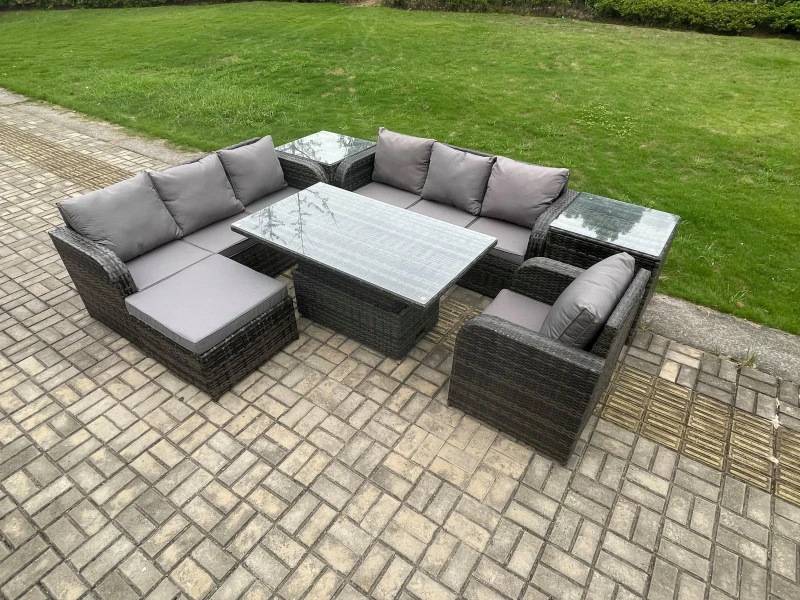 Image of Fimous Outdoor Rattan Garden Furniture Sets Height Adjustable Rising lifting Dining Table Sofa Set with Reclining Chair Side Table Big Footstool Dark