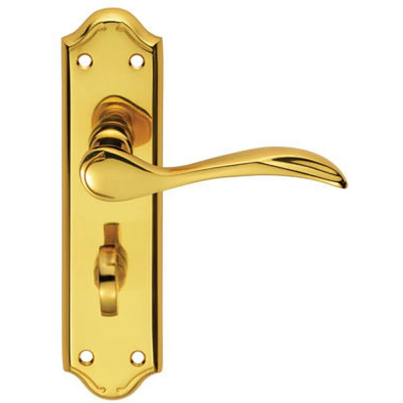 Image of Loops PAIR Curved Door Handle Lever on Bathroom Backplate 180 x 45mm Polished Brass Metallics