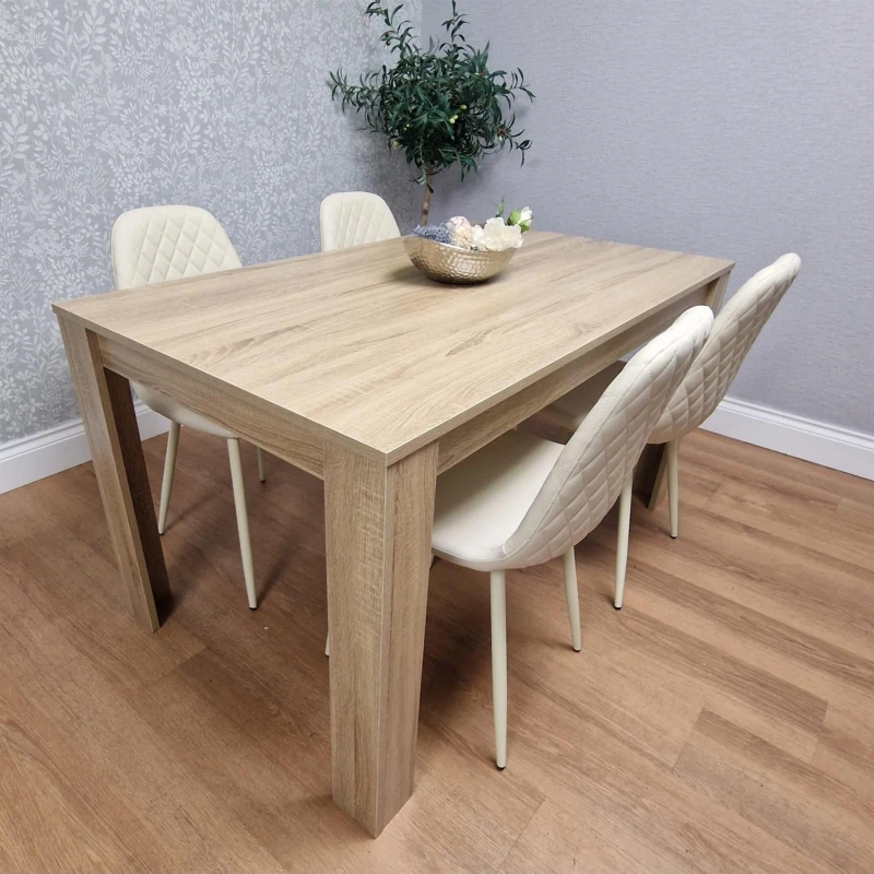 Image of KOSY KOALA Wooden Dining Table with 4 Cream Gem Patterned Chairs Rusteic Effect Table with Cream Chairs Beige