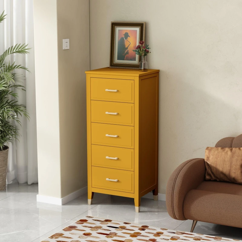 Image of Cabinet Bits Palazzi 5 Drawer Narrow Chest of Drawers in Mustard Mustard Unisex