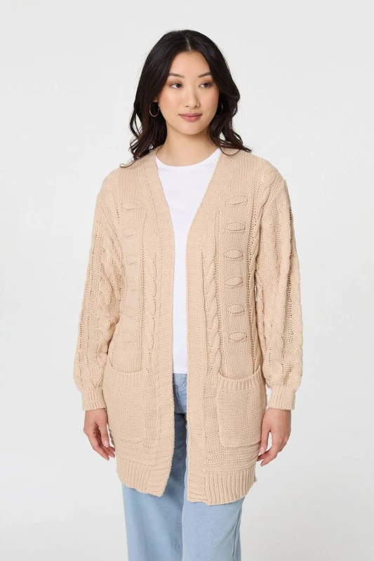 Image of Izabel London Womens Longline Cable Knit Texture Cardigan in Beige Size: S/M Beige Female S/M