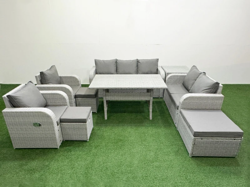 Image of Fimous PE Rattan Garden Furniture Set Reclining Chair Sofa Double Love Seat 2 Seater Sofa Lounge Set Rectangular Dining Table 3 Stools Side Table Ligh