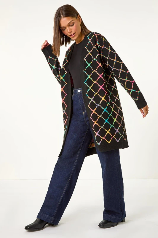 Image of Roman Womens Longline Geometric Print Knit Cardigan Size: 10 Multicolor Female 10