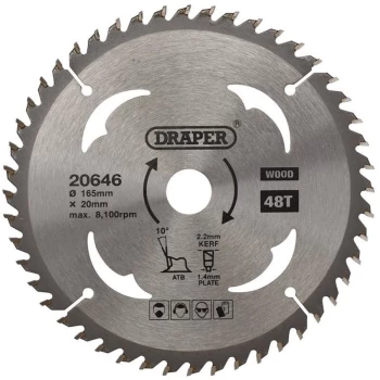 image of 20646 TCT Circular Saw Blade for Wood 165 x 20mm 48T - Draper