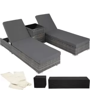 Image of Tectake 2 Rattan Sunloungers And Table With Protective Cover - Dark Grey