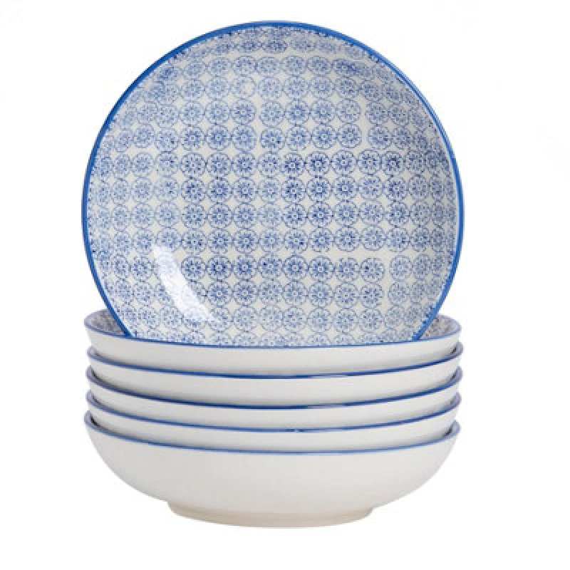 Image of Nicola Spring Hand-Printed Pasta Bowls - 22Cm - Navy - Pack Of 6
