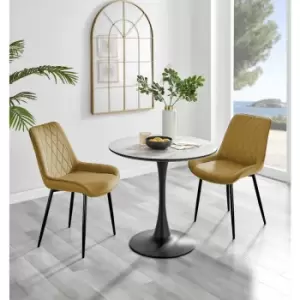 Image of Furniturebox UK - Furniturebox Elina White Marble Effect Modern 80cm Round Dining Table & 2 Mustard Pesaro Black Leg Velvet Chairs