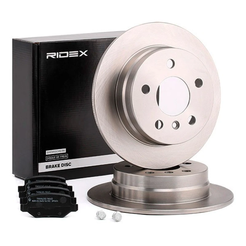 Image of RIDEX 3405B0068 Brake disc and pads set Rear Axle, Brake Disc Type: Solid, with anti-squeak plate Brake Set,disc brakes (3405)