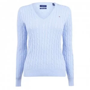 image of Gant Cable Knit V Neck Jumper - 420 HamptonsBlu