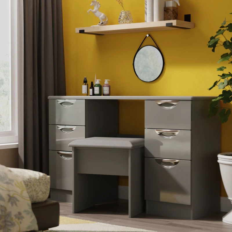 Image of Welcome Furniture Ltd Camden 6 Drawer Double Pedestal Desk in Grey Gloss & Dusk Grey - Ready Assembled, Grey CAM030GGDG