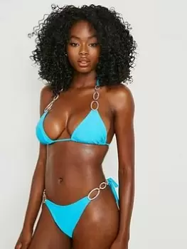Image of Boohoo Diamante Trim Triangle Bikini Top - Turquoise, Blue, Size 12, Women