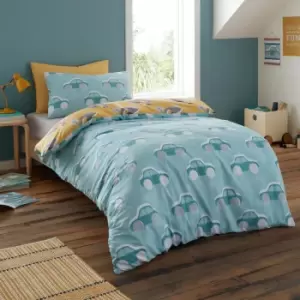 Image of Cool Cars Print 100% Cotton Reversible Duvet Cover Set, Duck Egg, Single - Bedlam