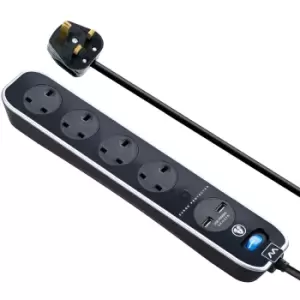 Image of Masterplug 4 Socket 2m Switched Inline Surge Extension Lead + USB (2 port 3.1A) - Gloss Black
