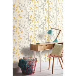 image of Woodland Grey and Yellow Wallpaper