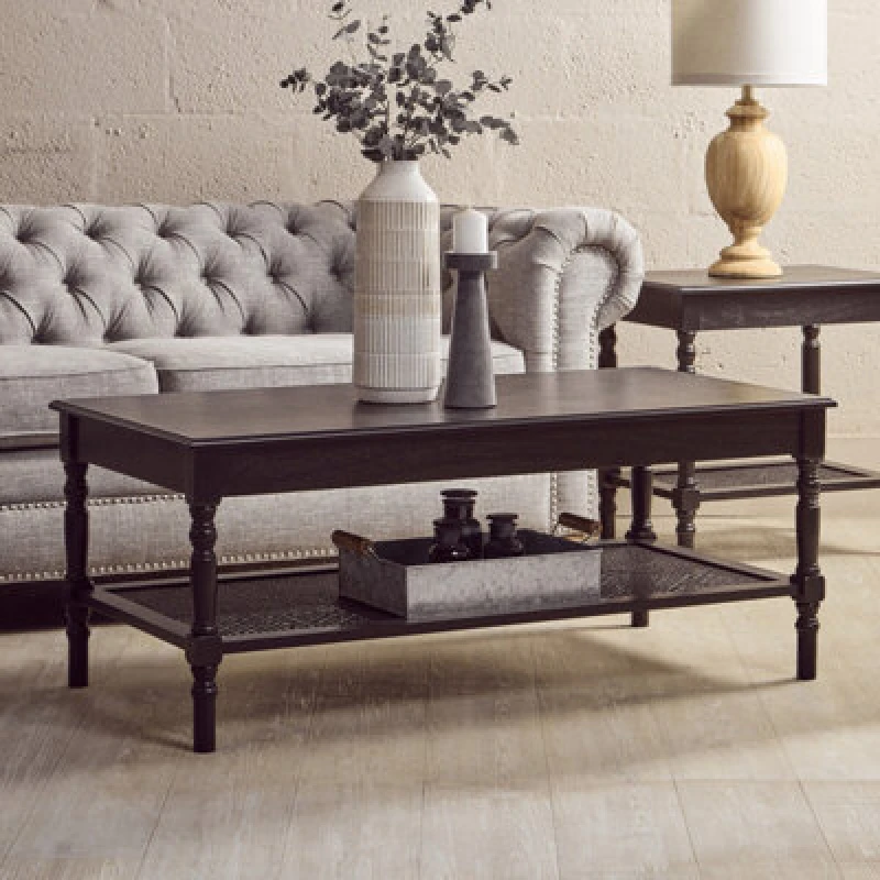 Image of Orsina Traditional Black Coffee Table, Wood Table For Coffee And Outdoor With Bottom Shelf, Pine Wood Tea Table