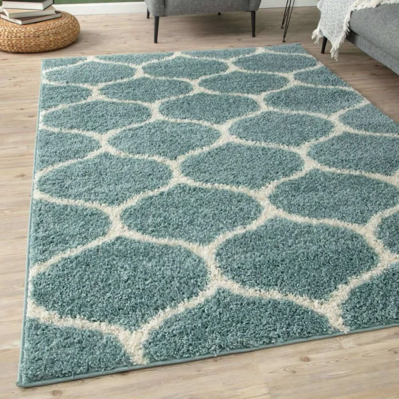 Image of THE RUGS Soft Trellis Shaggy Rugs & Runners Duck Egg Blue Living Room Size: 140cm x 200cm Duck Egg Blue Unisex 140cm x 200 cm