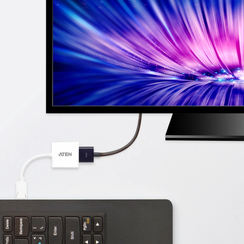 Image of ATEN DisplayPort to HDMI converter. PC: Up to UXGA / HDTV: Up to 1080i