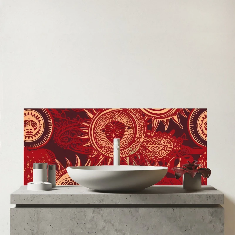 Image of Warren Reed - Designer Abstract Red Moon & Sun Glass Bathroom Splashback Red Unisex