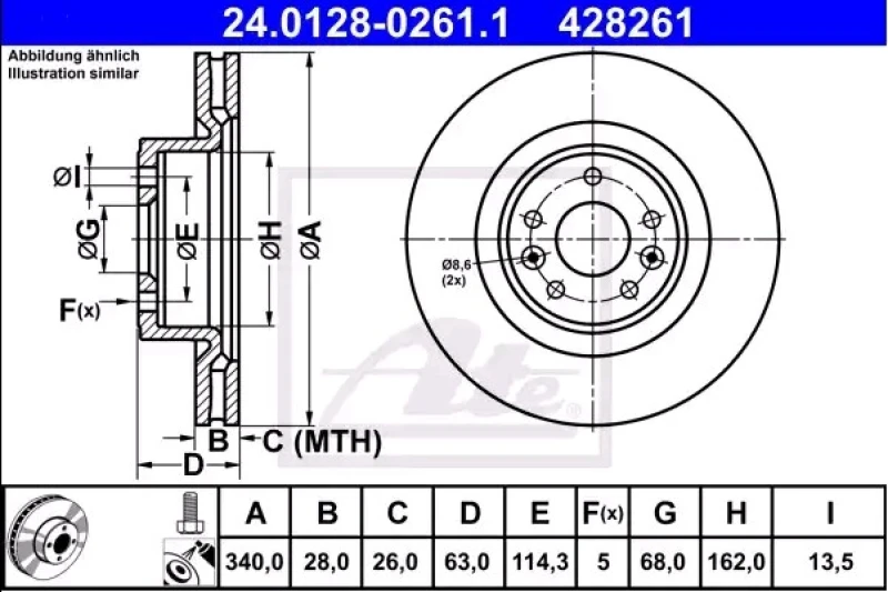 Image of ATE 24.0128-0261.1 Brake disc Vented, Coated, Alloyed/High-carbon, with bolts/screws Brake Disc (82)